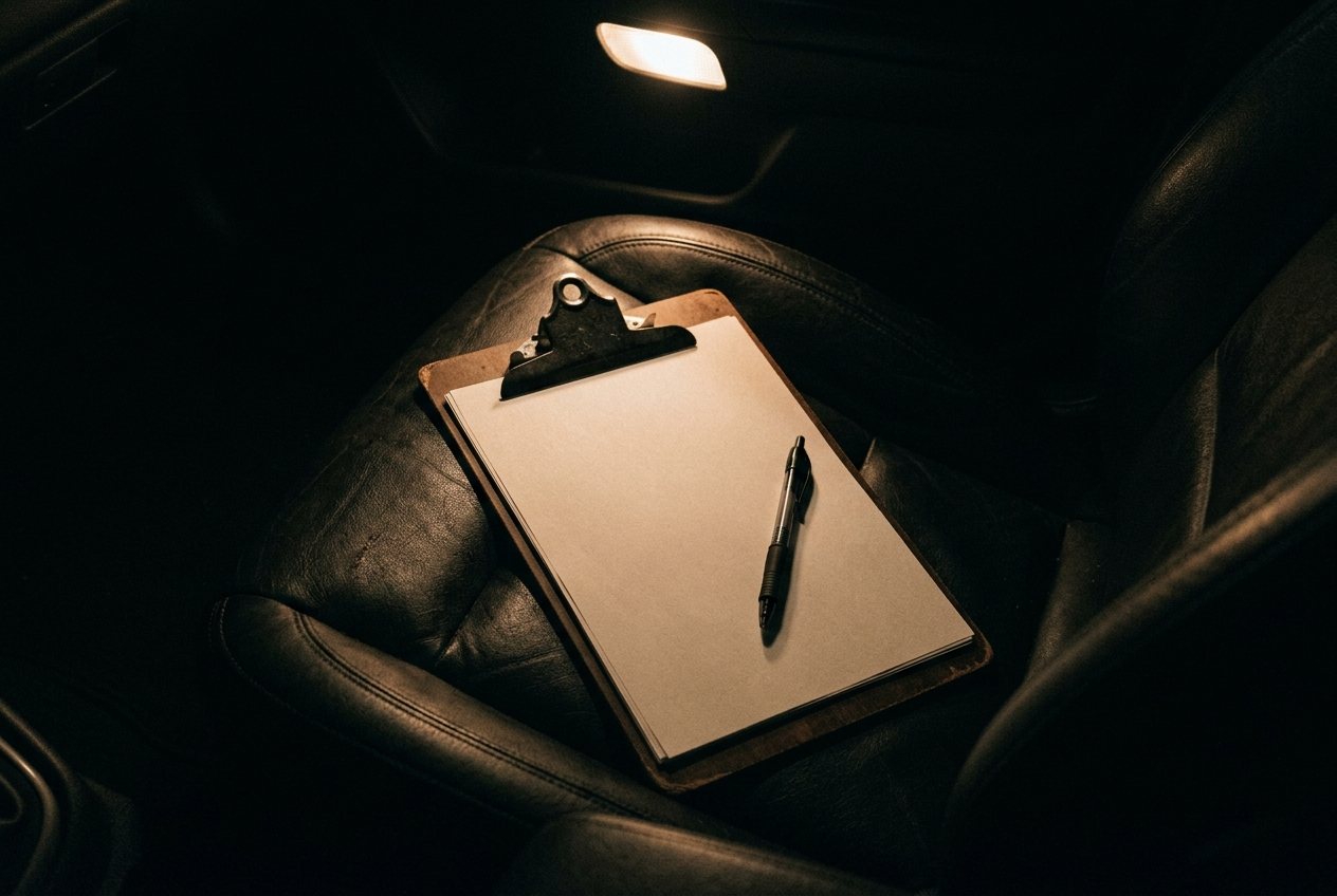 A clipboard and pen on a car seat under the dome light