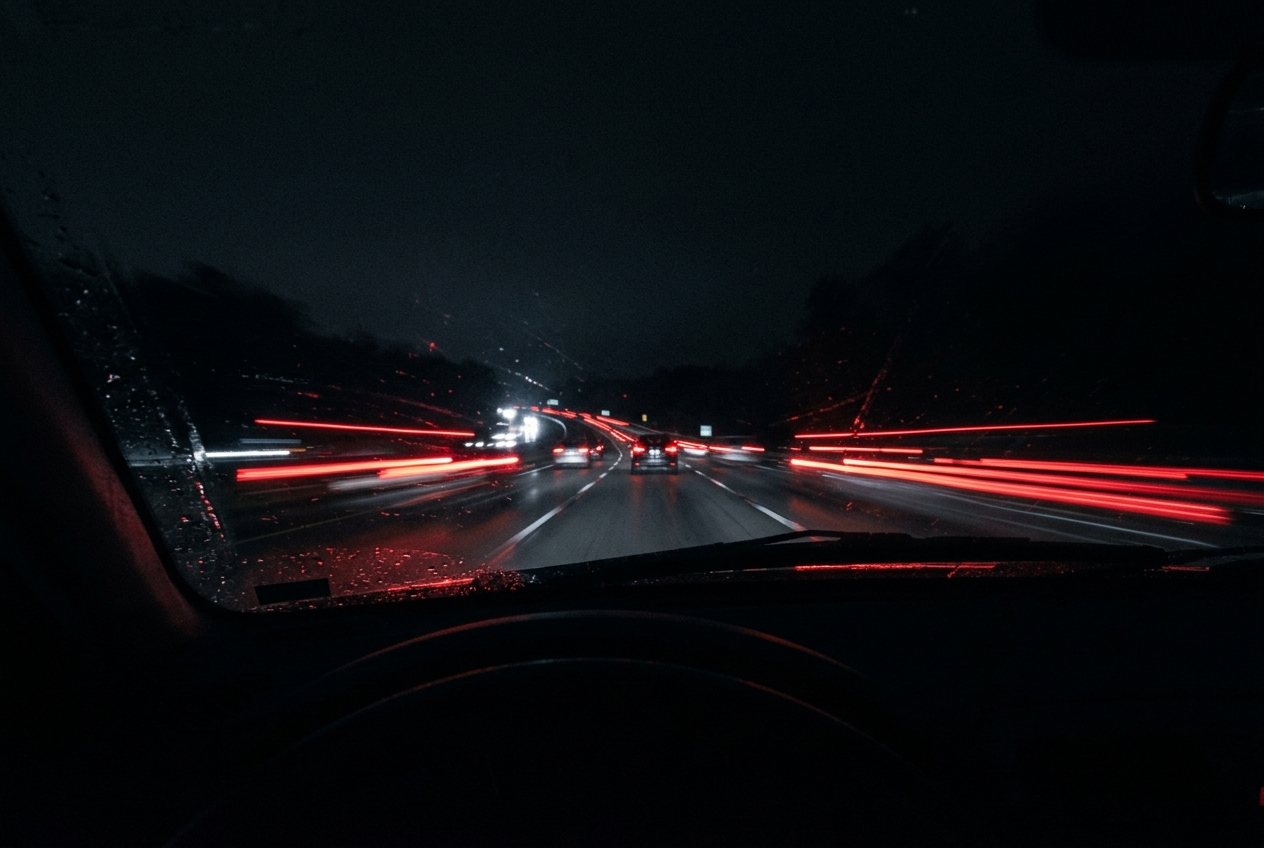 A night highway with streaking tail lights seen through a windshield