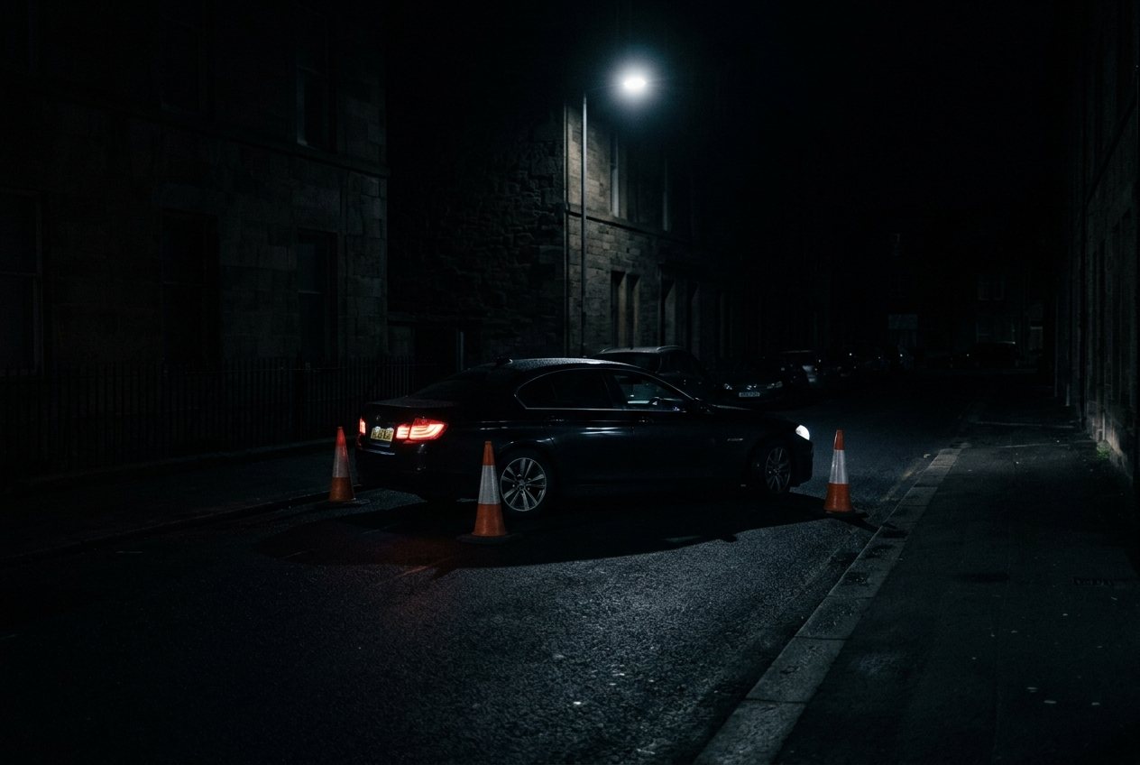 A sedan parallel parking between cones under a streetlight