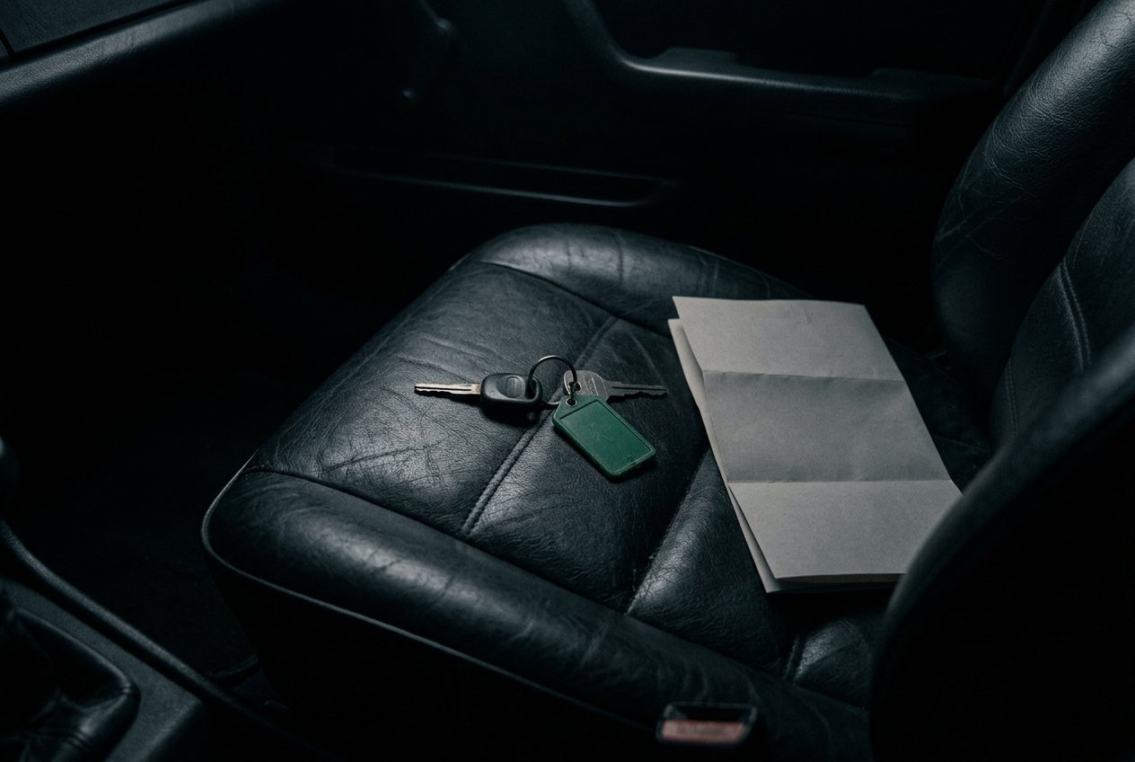 Car keys with a green tag and documents on a car seat